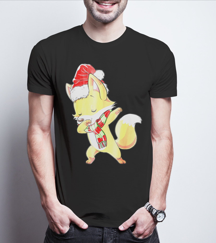 Christmas Fox Dabbing In Santa Hat And Scarf T-Shirt