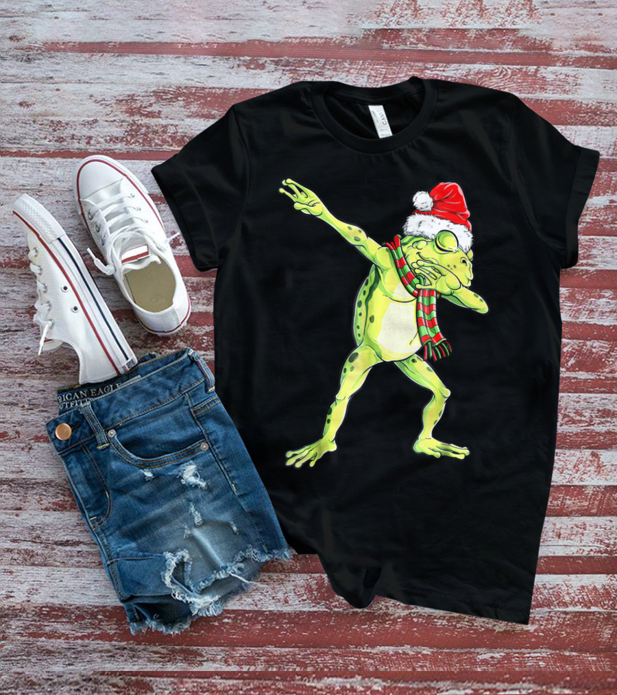 Dabbing Frog With Santa Hat And Scarf Christmas T-Shirt