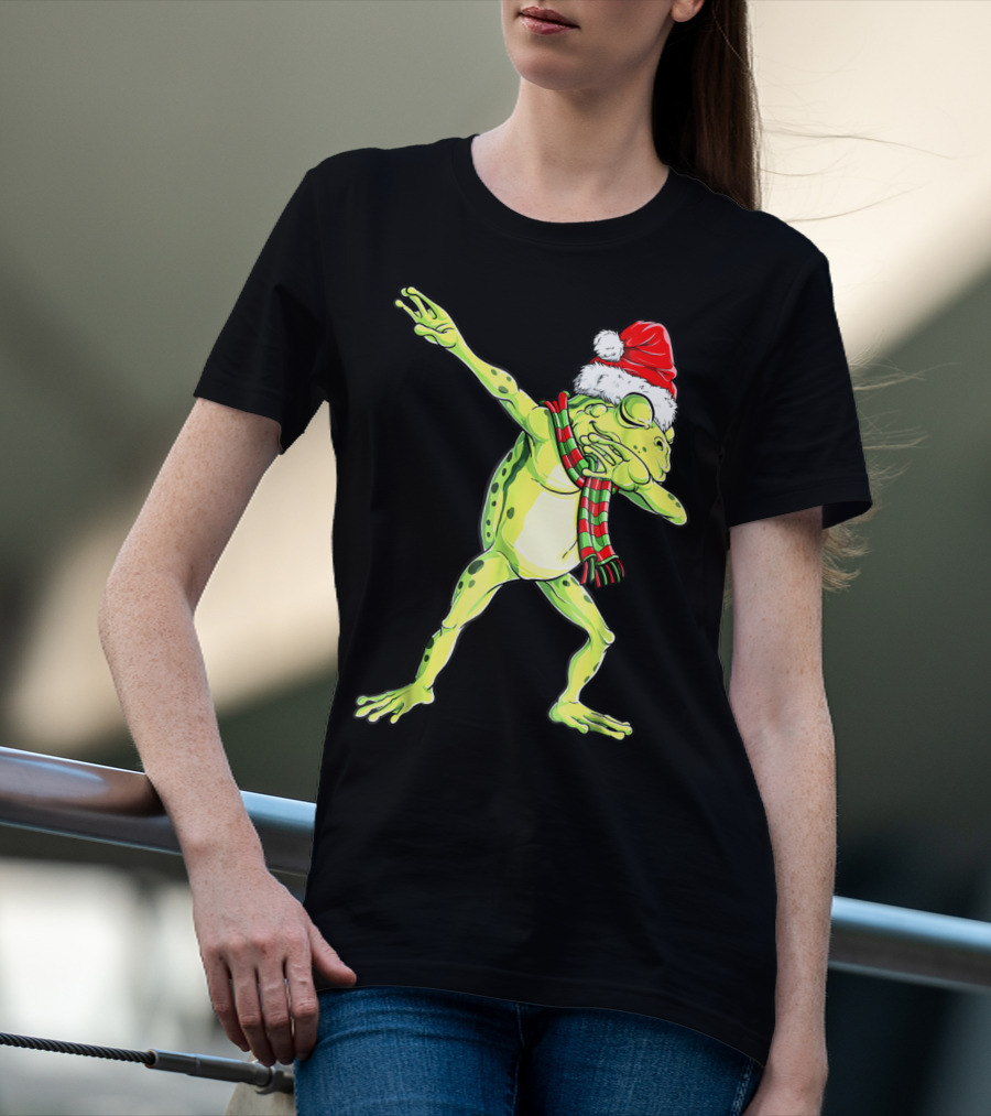 Dabbing Frog With Santa Hat And Scarf Christmas T-Shirt