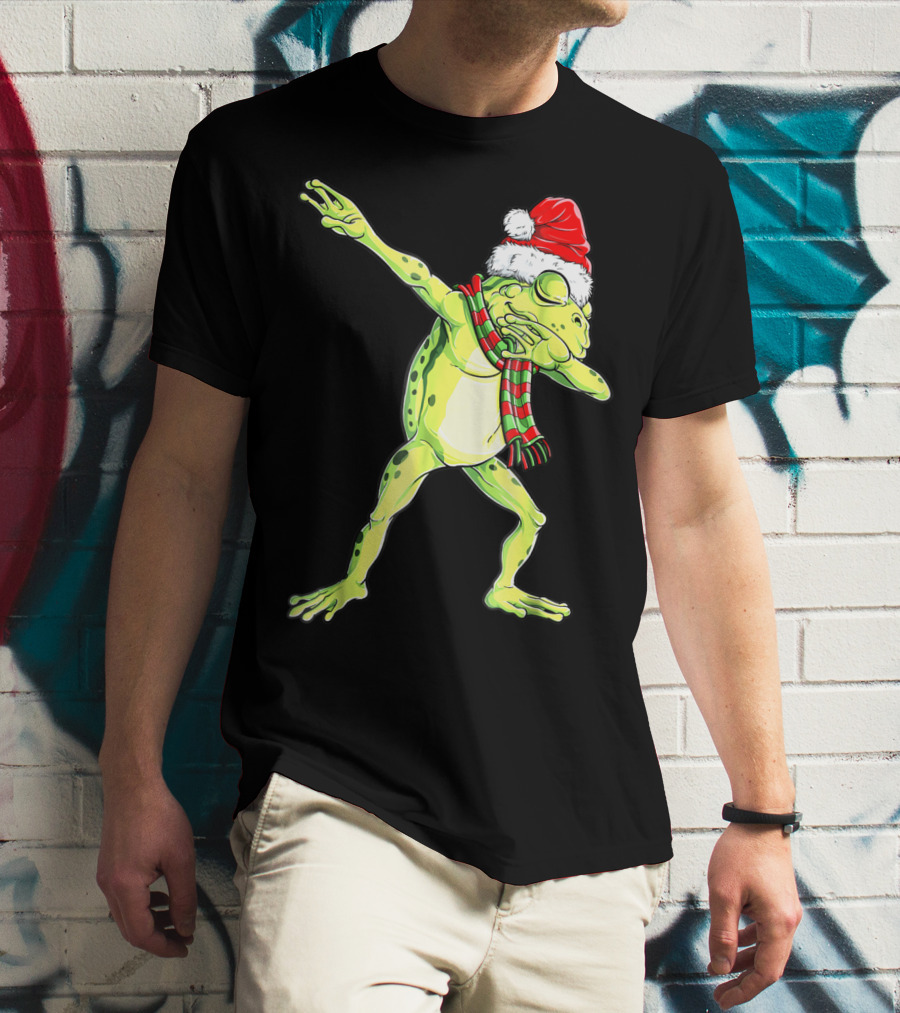 Dabbing Frog With Santa Hat And Scarf Christmas T-Shirt