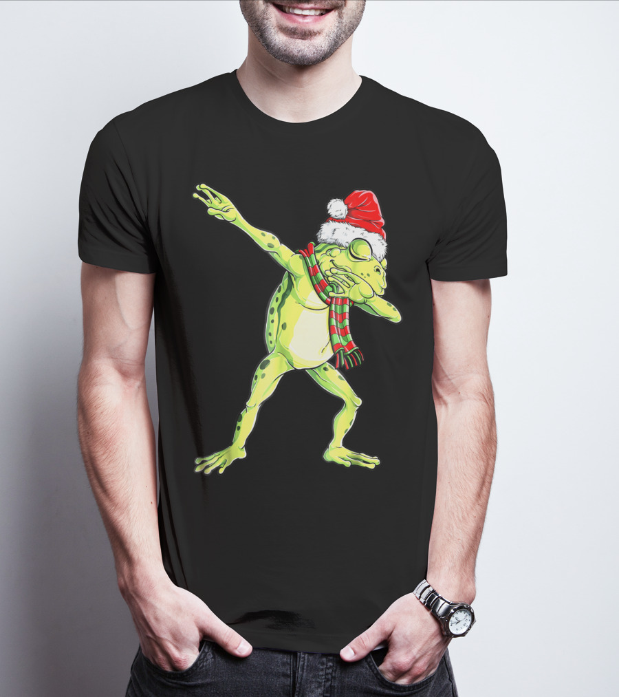 Dabbing Frog With Santa Hat And Scarf Christmas T-Shirt