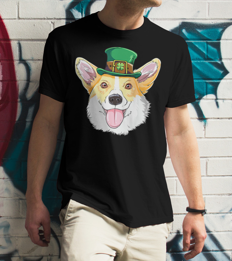 Lucky Corgi With Leprechaun Hat And Shamrock Charm T-Shirt