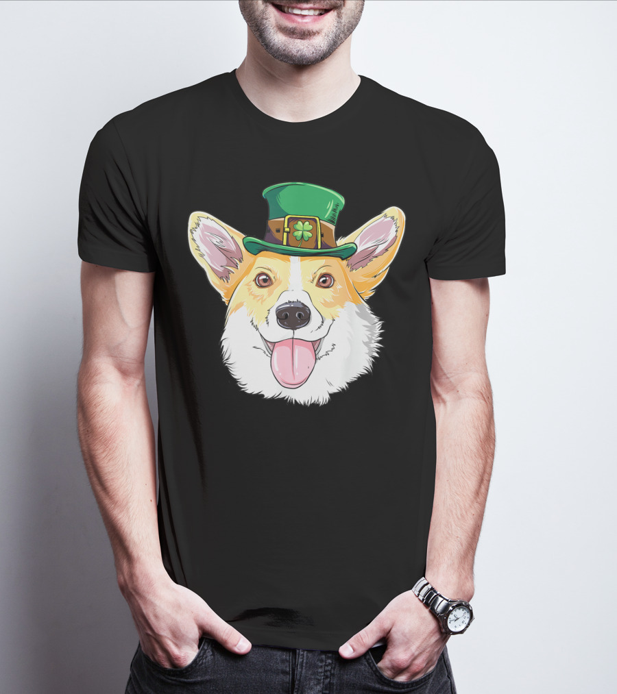 Lucky Corgi With Leprechaun Hat And Shamrock Charm T-Shirt