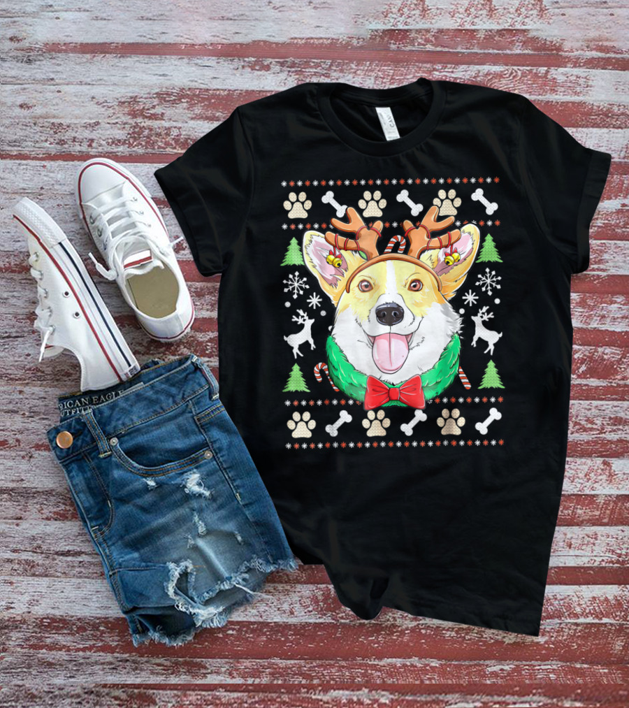 Corgi Christmas Reindeer Antlers Dog Ugly Sweater Xmas Girls T-Shirt