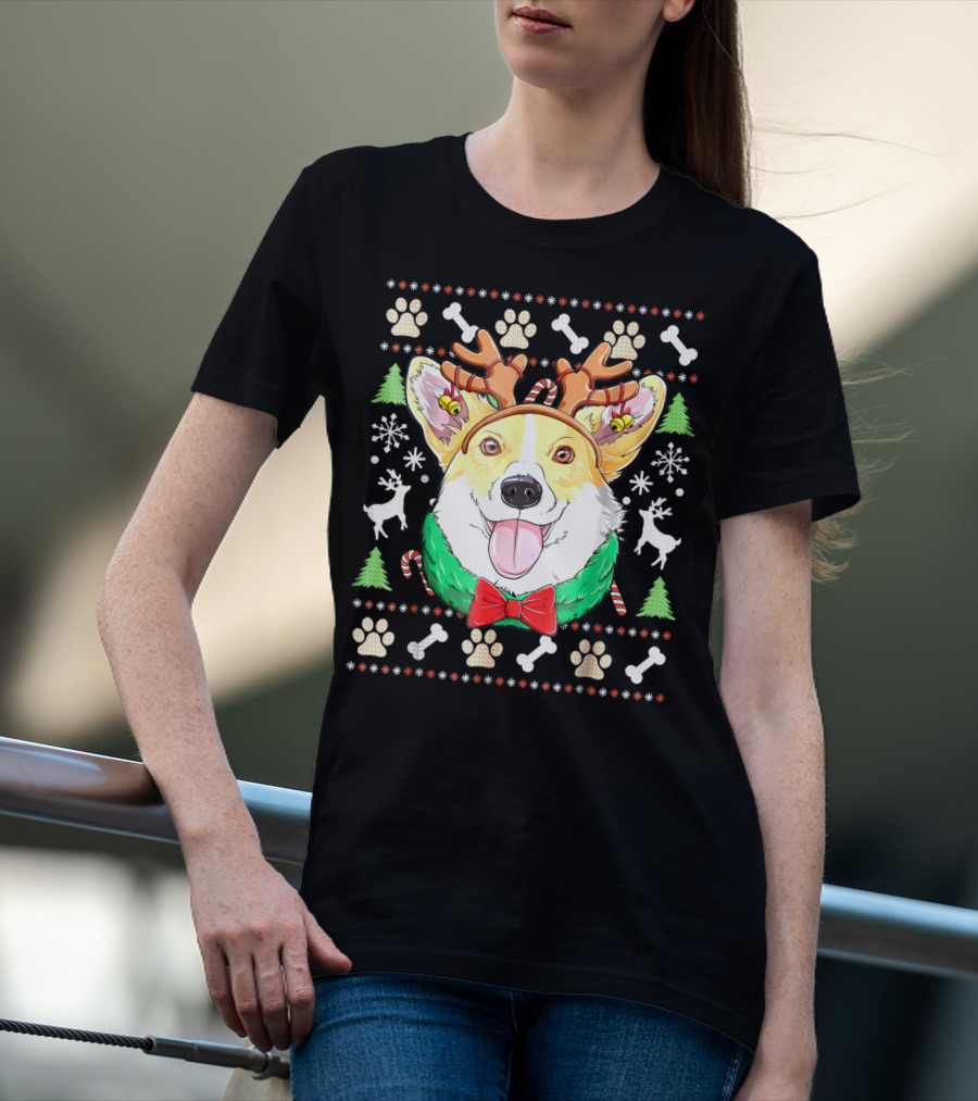 Corgi Christmas Reindeer Antlers Dog Ugly Sweater Xmas Girls T-Shirt