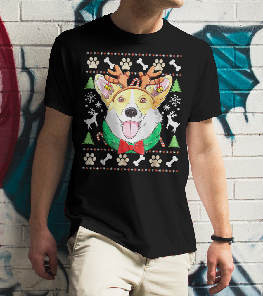 Corgi Christmas Reindeer Antlers Dog Ugly Sweater Xmas Girls T-Shirt
