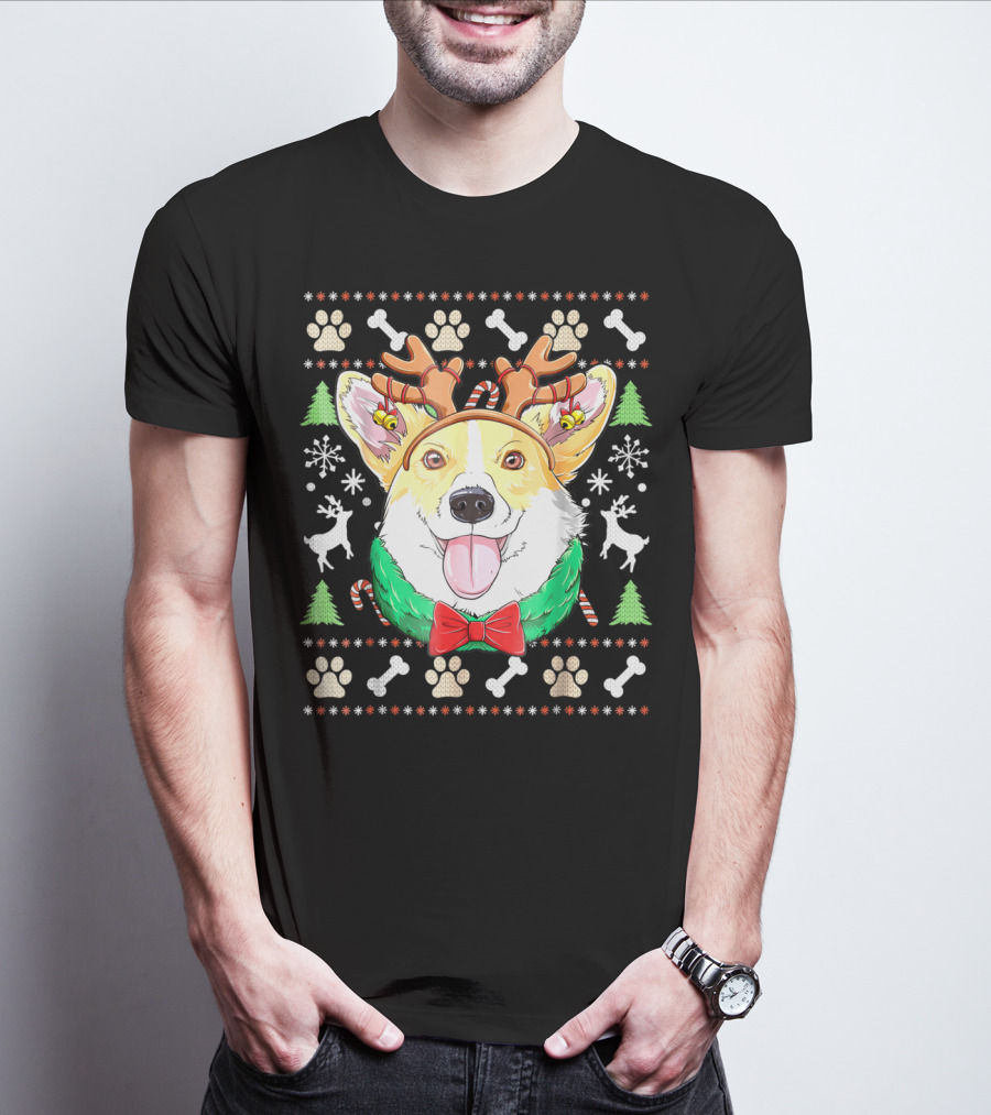 Corgi Christmas Reindeer Antlers Dog Ugly Sweater Xmas Girls T-Shirt