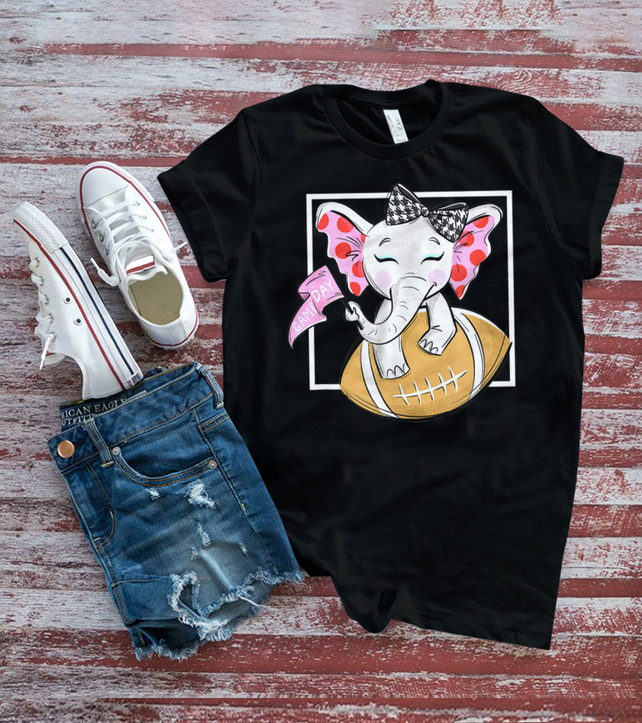 Game Day Elephant With Pink Flag And Houndstooth Bow On Football For Women And Girls Football T-Shirt