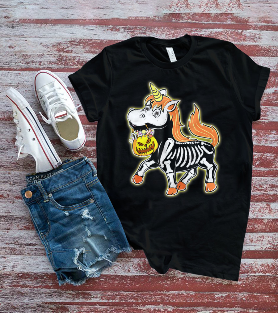Skeleton Unicorn With Pumpkin Basket T-Shirt