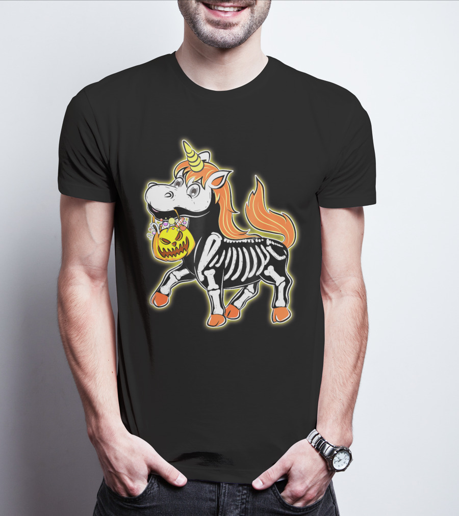 Skeleton Unicorn With Pumpkin Basket T-Shirt