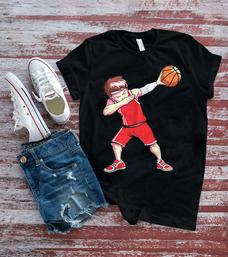 Dabbing Basketball Boy Dab Dance Player In Red Uniform Holding Ball T-Shirt
