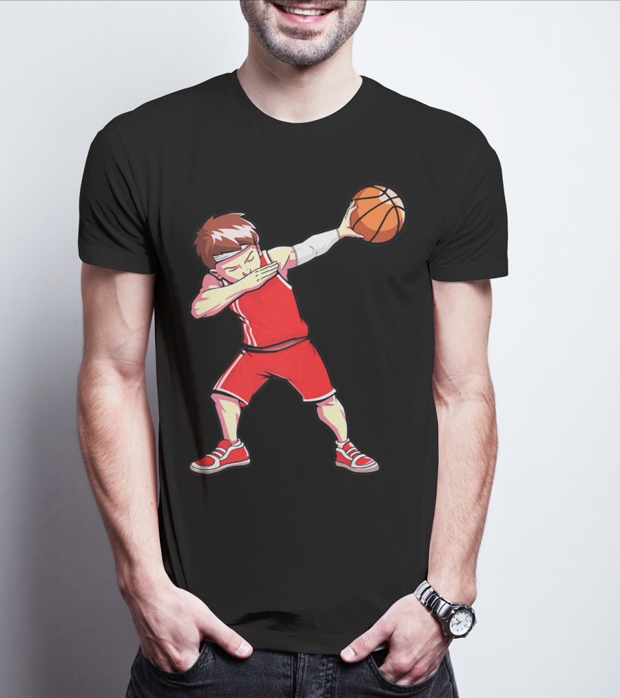 Dabbing Basketball Boy Dab Dance Player In Red Uniform Holding Ball T-Shirt