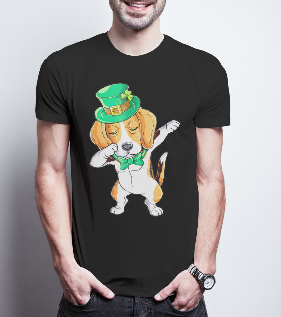 Dabbing Beagle In St Patricks Day Leprechaun Hat And Bowtie T-Shirt