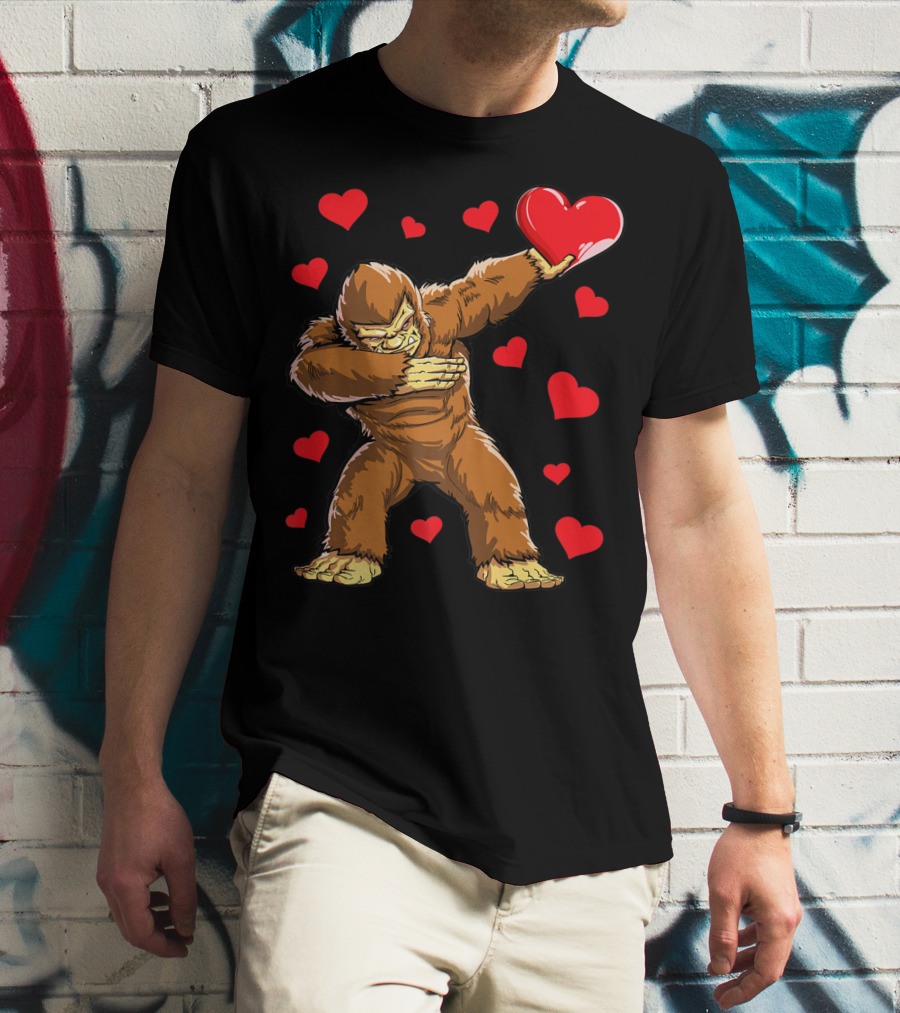 Dabbing Bigfoot With Heart Valentine's Day Boys Men Love T-Shirt