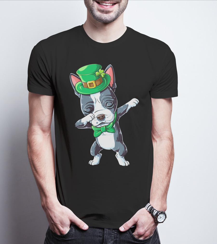 Dabbing Boston Terrier St Patricks Day Leprechaun Green Hat Bow Tie T-Shirt