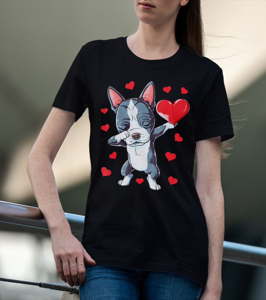 Boston Terrier Dabbing Heart Valentine's Day Dog T-Shirt