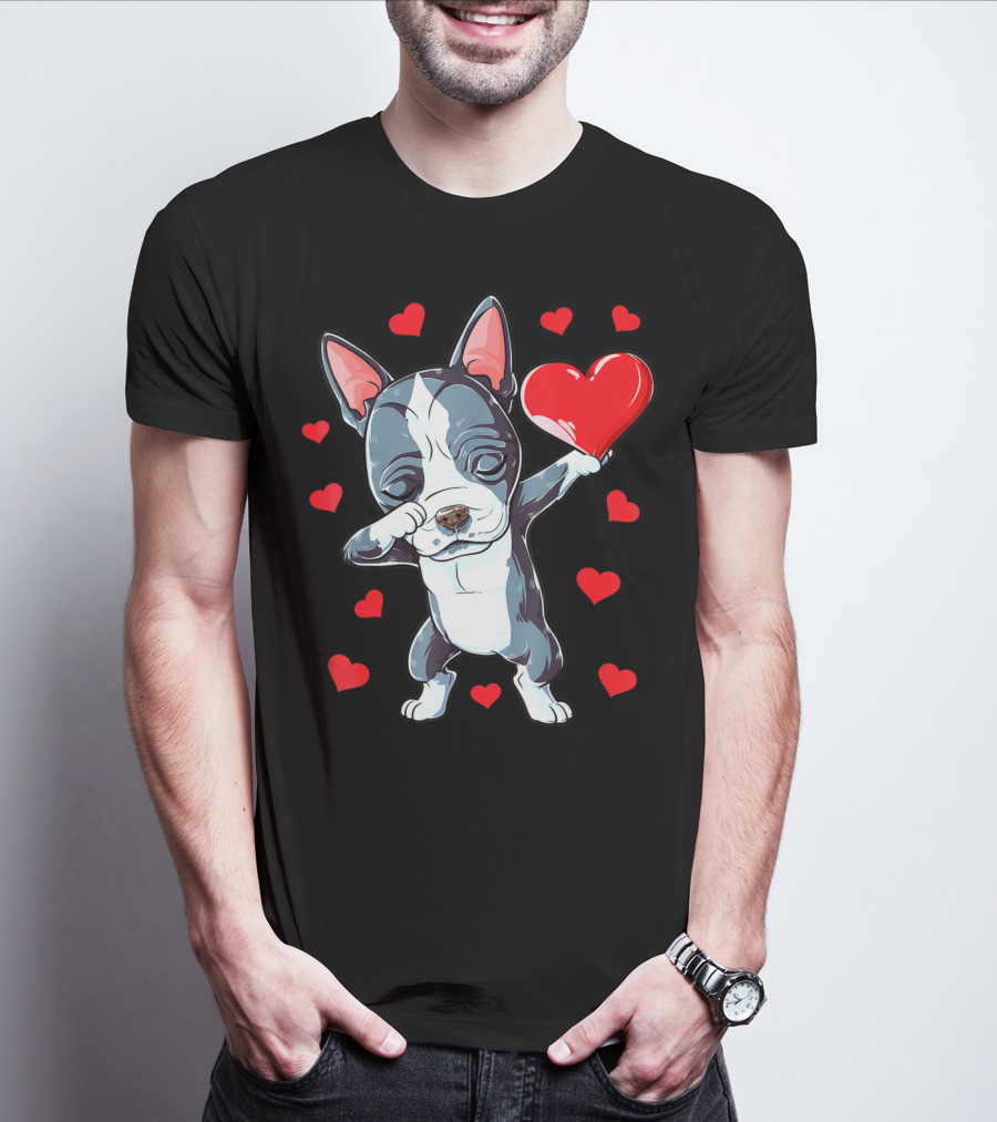 Boston Terrier Dabbing Heart Valentine's Day Dog T-Shirt