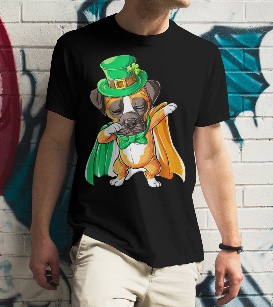 Dabbing Boxer Puppy St Patricks Day Leprechaun Costume Irish Flag T-Shirt