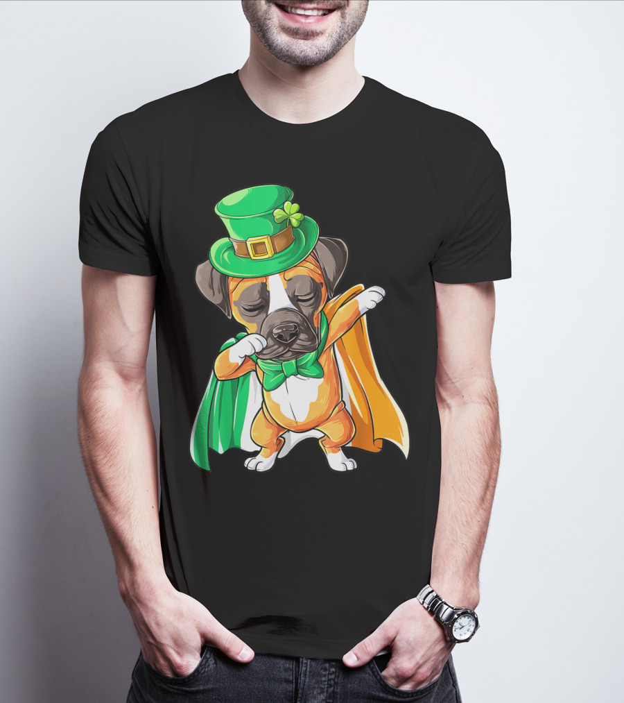 Dabbing Boxer Puppy St Patricks Day Leprechaun Costume Irish Flag T-Shirt
