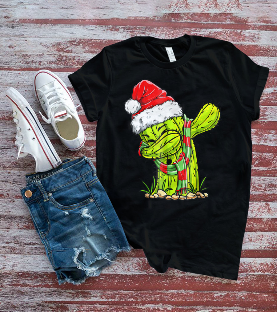 Dabbing Cactus Santa Christmas Hat And Scarf T-Shirt