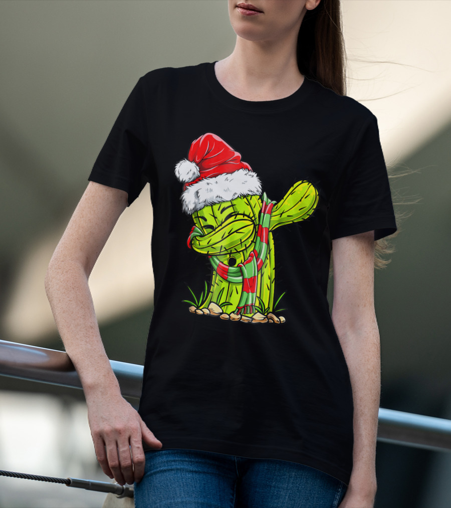 Dabbing Cactus Santa Christmas Hat And Scarf T-Shirt