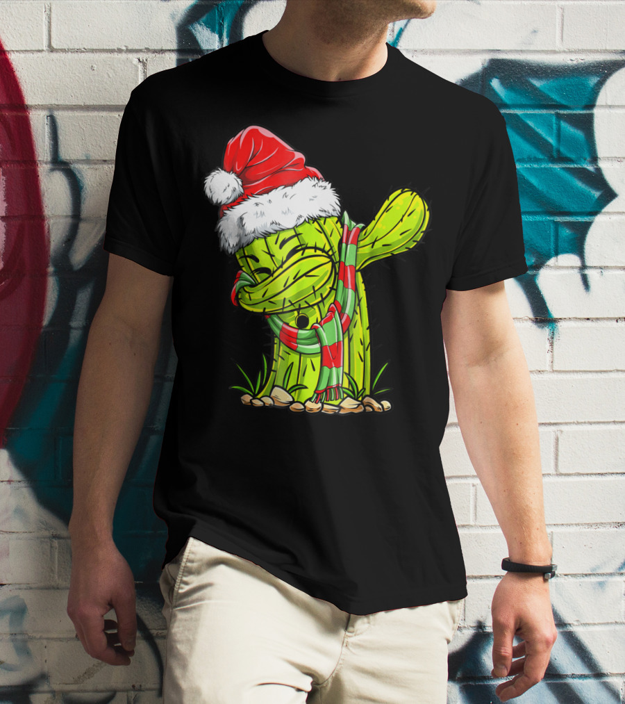 Dabbing Cactus Santa Christmas Hat And Scarf T-Shirt