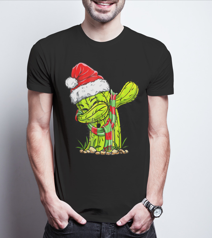 Dabbing Cactus Santa Christmas Hat And Scarf T-Shirt
