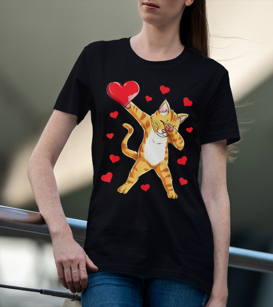 Cute Dabbing Cat With Hearts For Valentine's Day Kitten Lovers T-Shirt