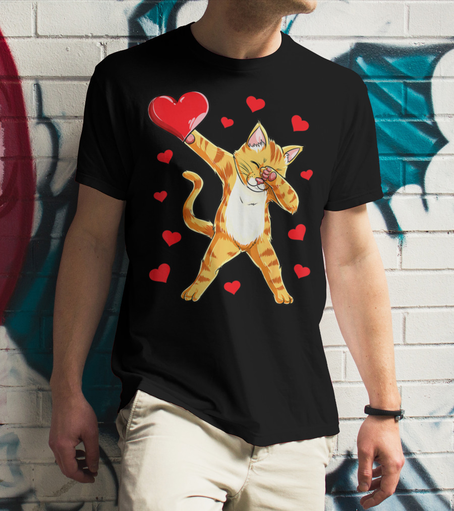 Cute Dabbing Cat With Hearts For Valentine's Day Kitten Lovers T-Shirt
