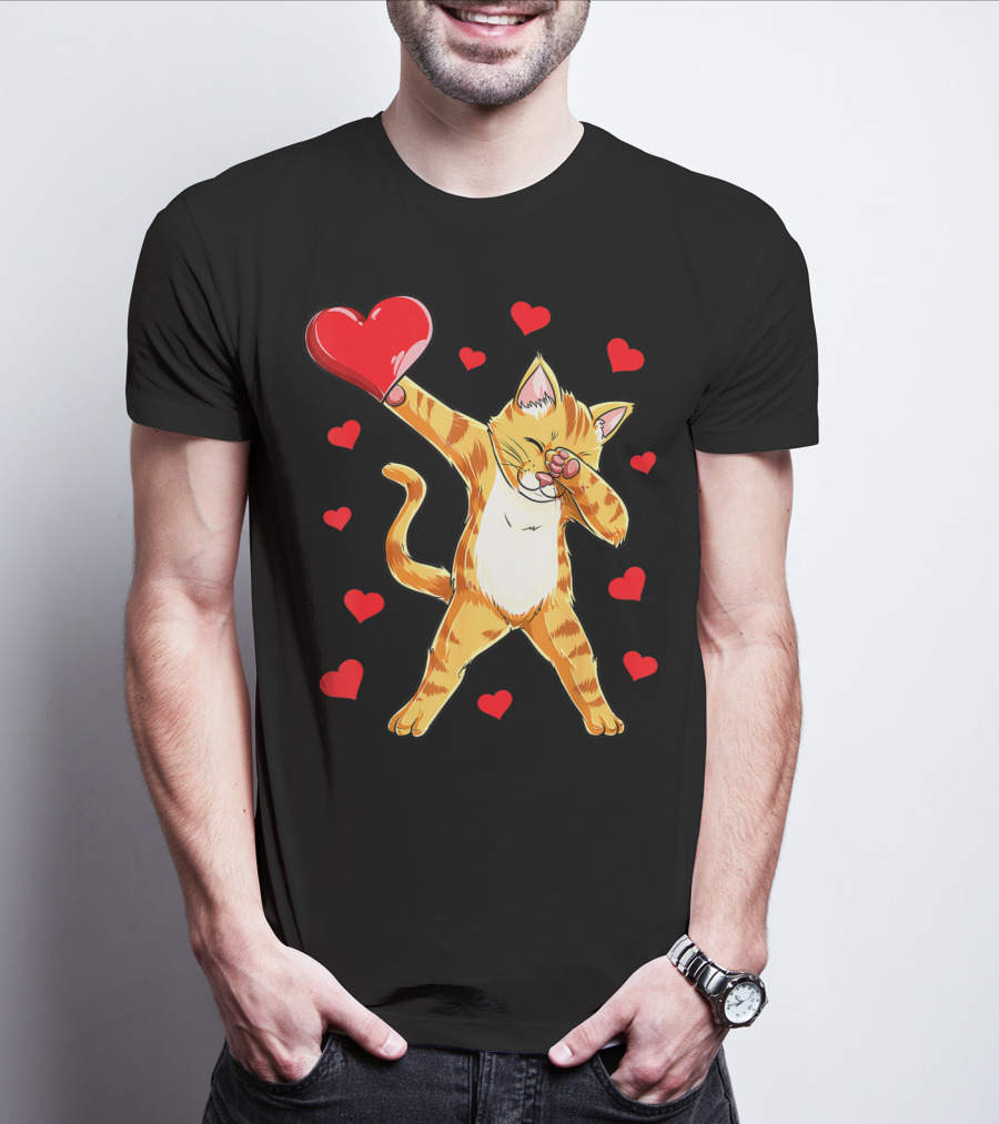 Cute Dabbing Cat With Hearts For Valentine's Day Kitten Lovers T-Shirt