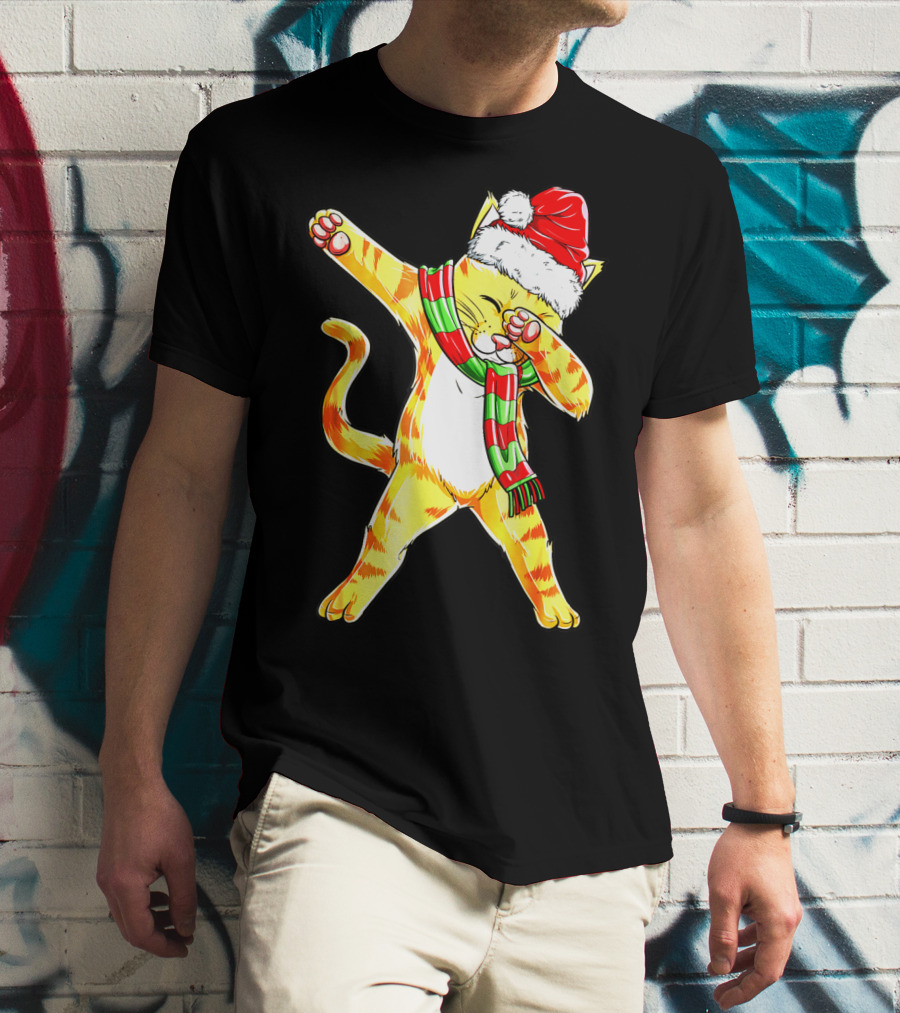 Dabbing Cat Santa With Festive Hat And Scarf T-Shirt