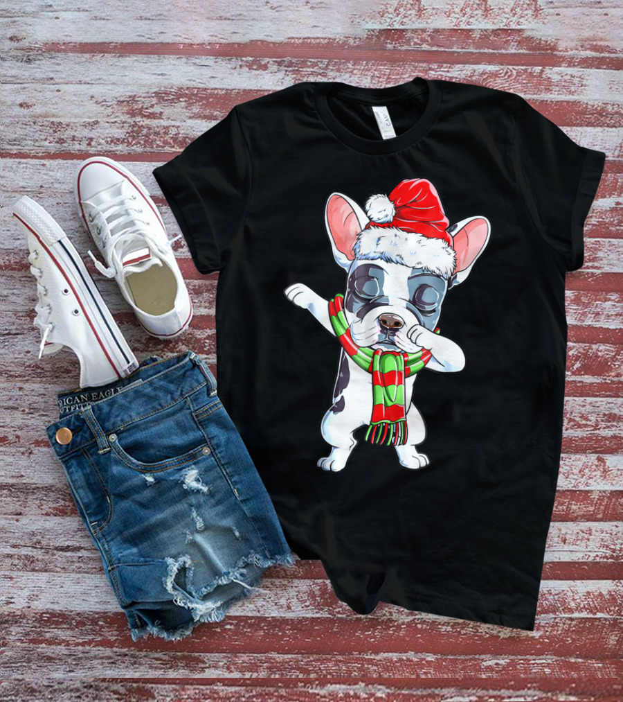 Dabbing French Bulldog Santa Christmas Scarf T-Shirt