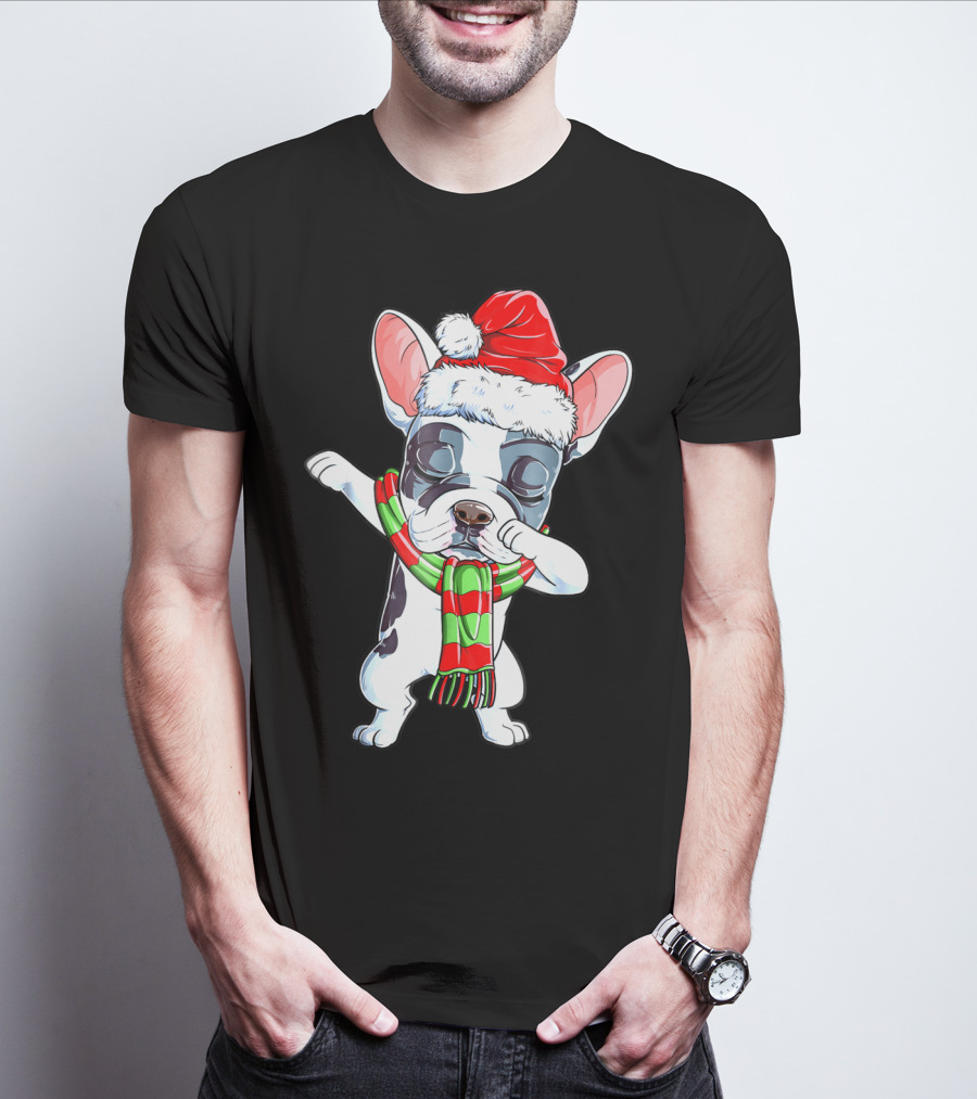 Dabbing French Bulldog Santa Christmas Scarf T-Shirt