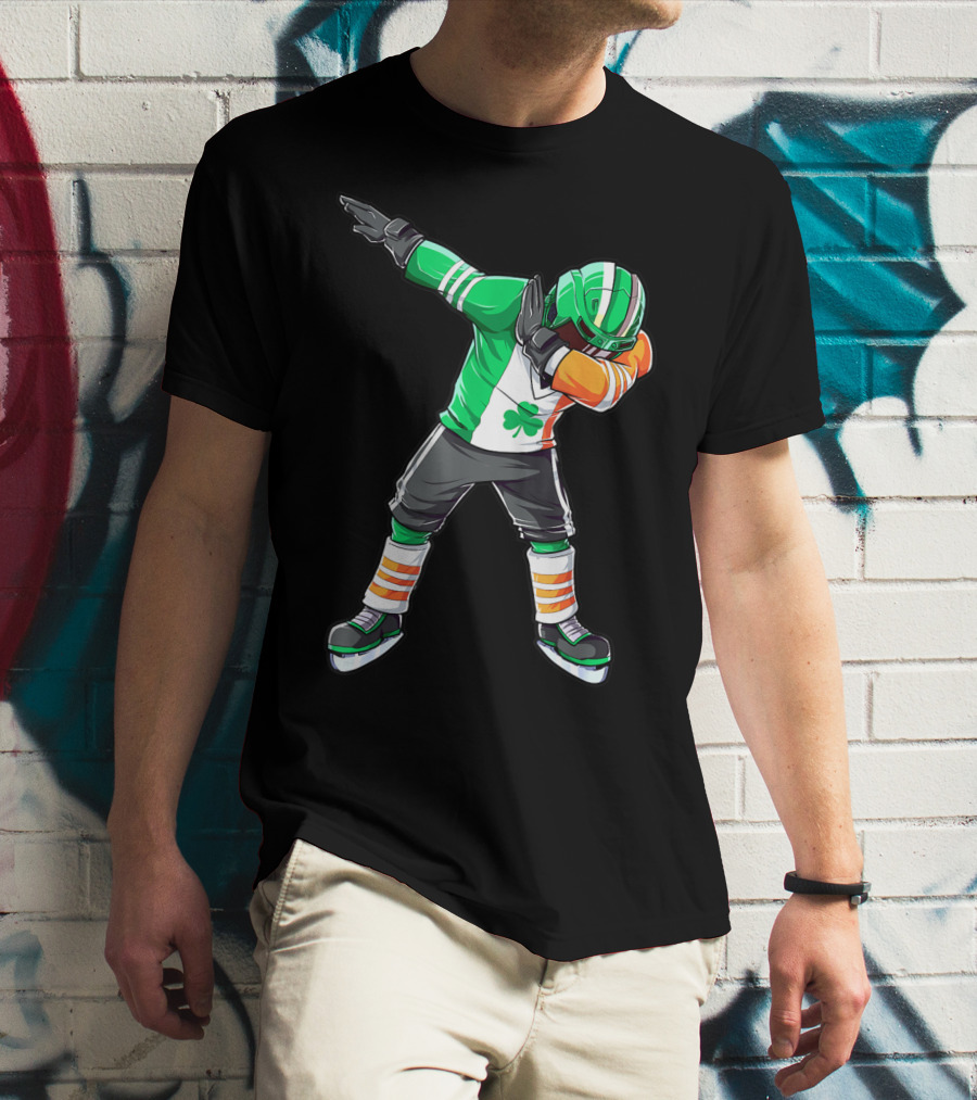 St Patricks Day Ireland Flag Dabbing Hockey Player Irish Shamrock T-Shirt