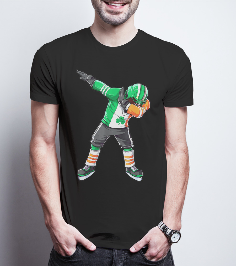 St Patricks Day Ireland Flag Dabbing Hockey Player Irish Shamrock T-Shirt