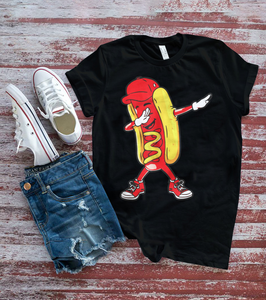 Dabbing Hot Dog Hip Hop Dance With Cap And Sneakers T-Shirt