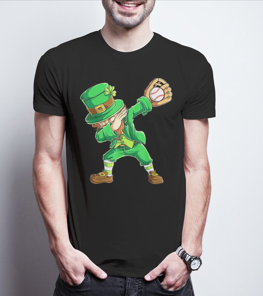 Dabbing Leprechaun Holding Baseball Glove T-Shirt