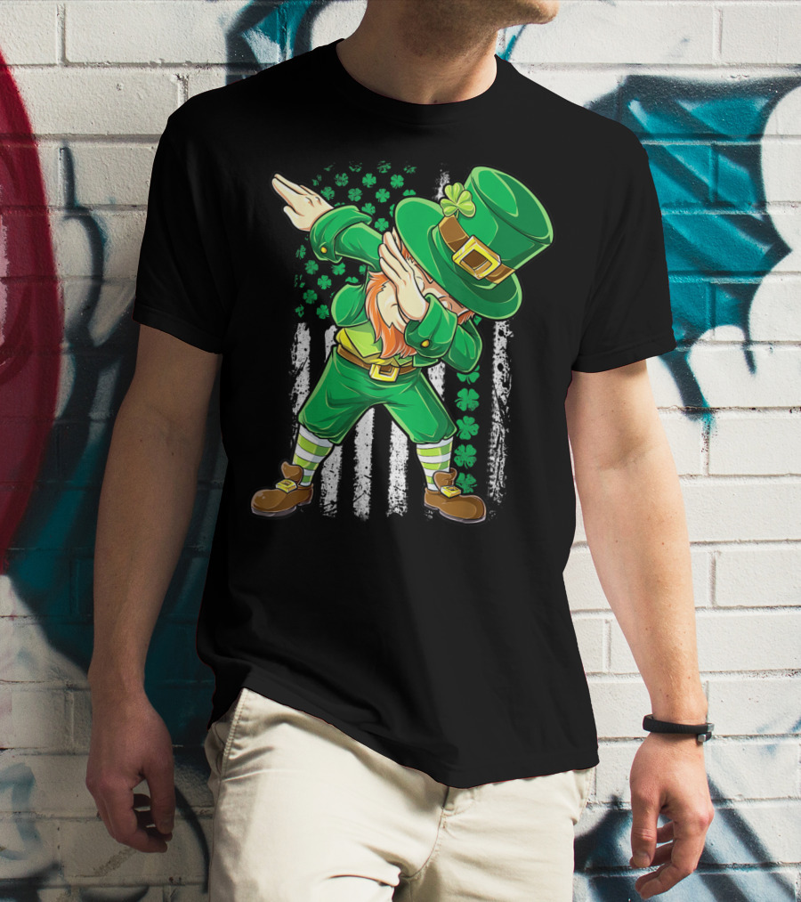 Dabbing Leprechaun With Irish American Flag Background And Shamrocks T-Shirt