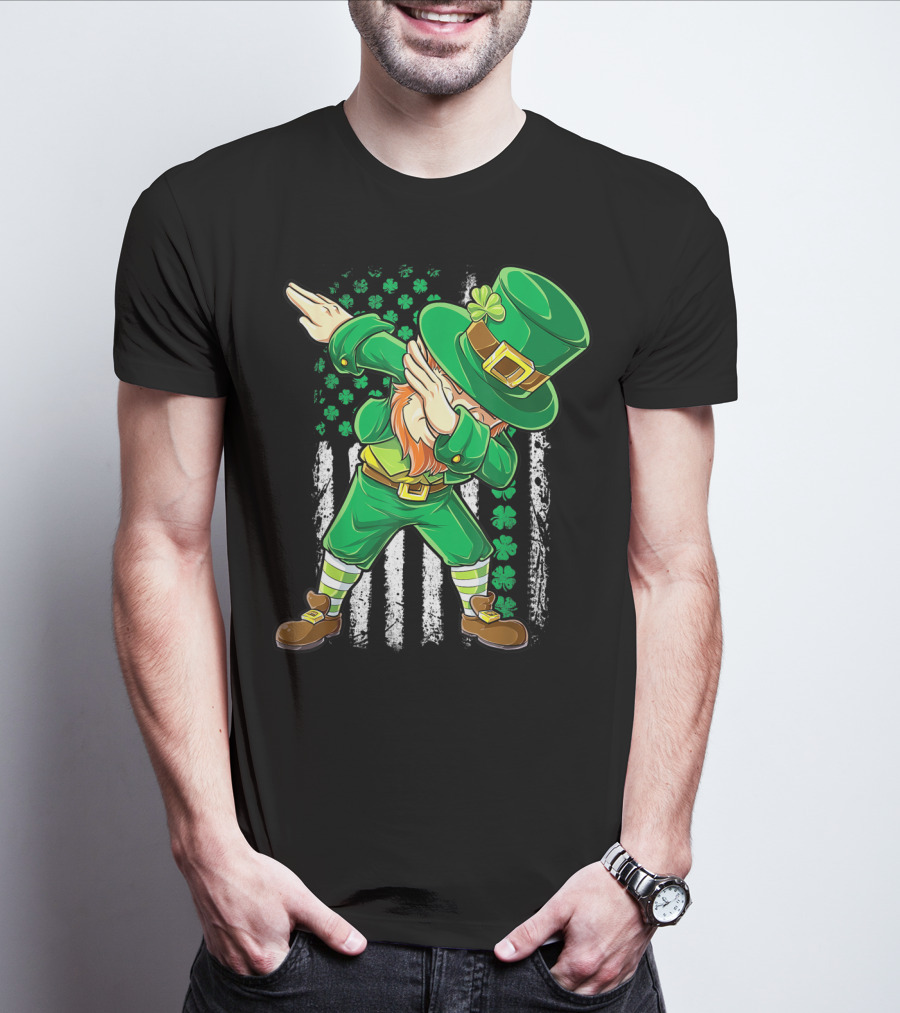 Dabbing Leprechaun With Irish American Flag Background And Shamrocks T-Shirt