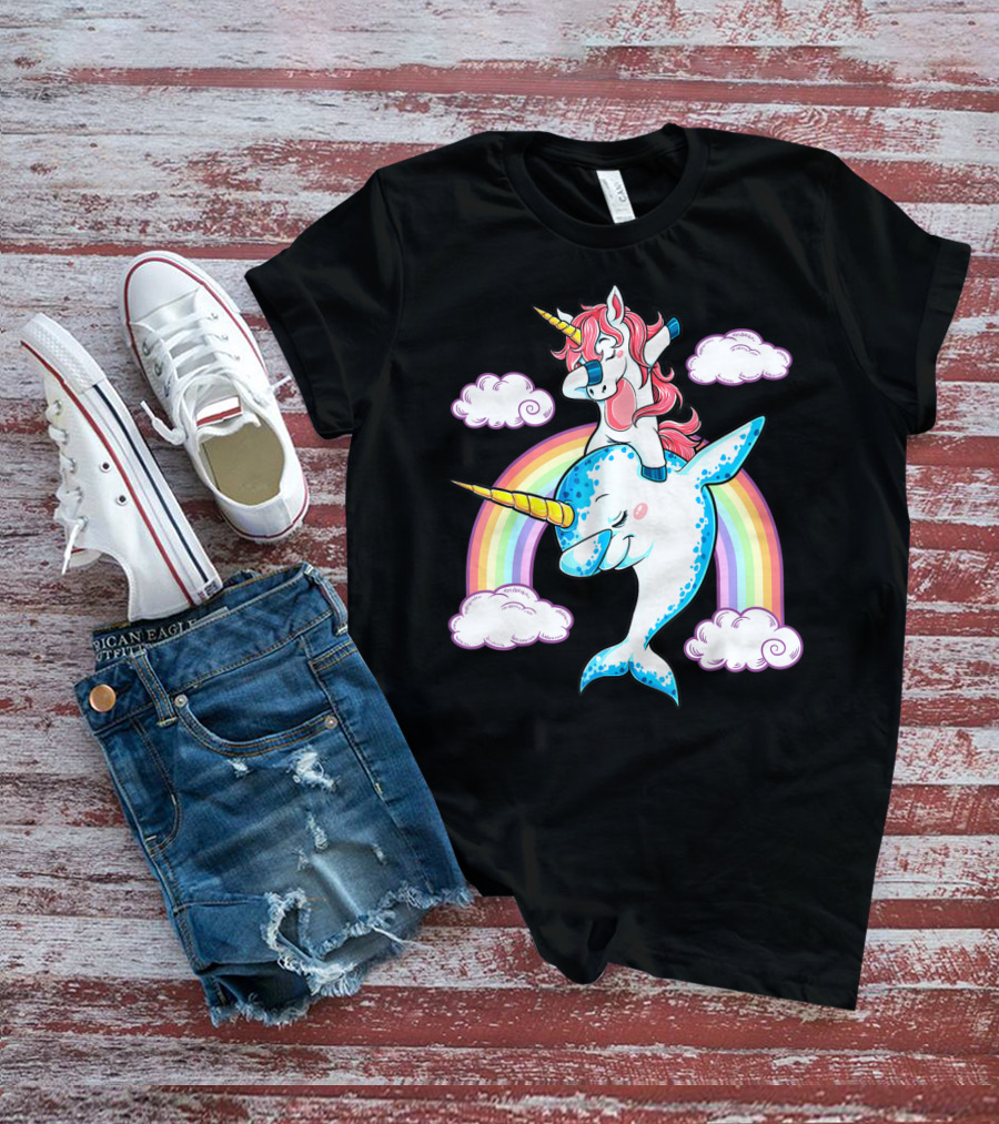 Dabbing Narwhal Unicorn Kids Rainbow Clouds Dab Squad T-Shirt