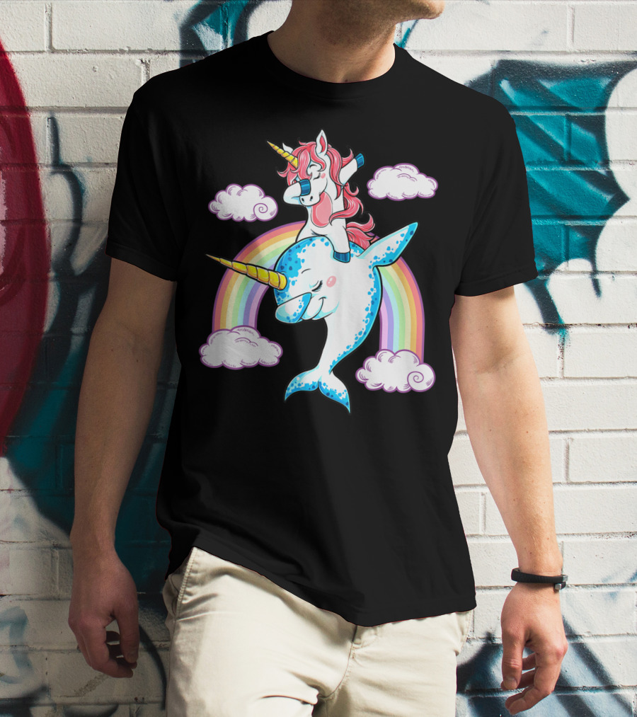 Dabbing Narwhal Unicorn Kids Rainbow Clouds Dab Squad T-Shirt