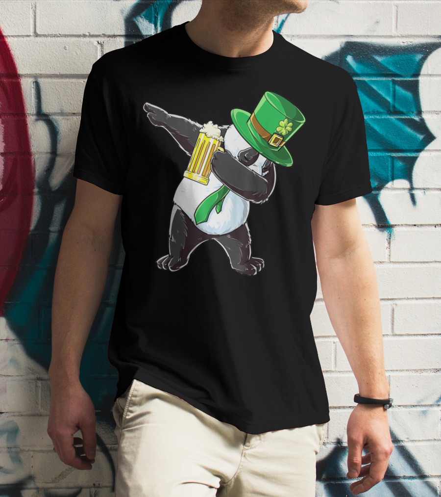 Dabbing Panda With Green Leprechaun Hat And Beer T-Shirt