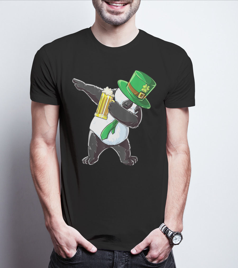 Dabbing Panda With Green Leprechaun Hat And Beer T-Shirt