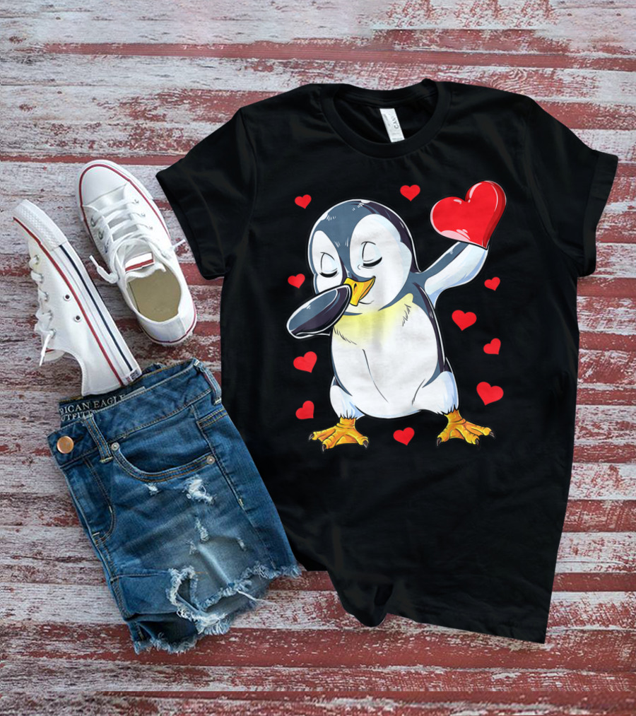 Dabbing Penguin Holding Heart Surrounded By Valentine Hearts T-Shirt