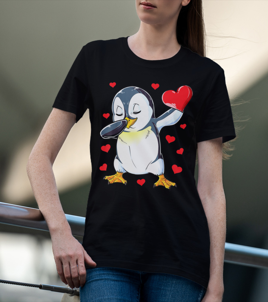 Dabbing Penguin Holding Heart Surrounded By Valentine Hearts T-Shirt