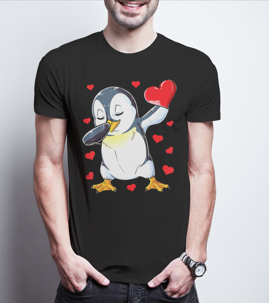 Dabbing Penguin Holding Heart Surrounded By Valentine Hearts T-Shirt