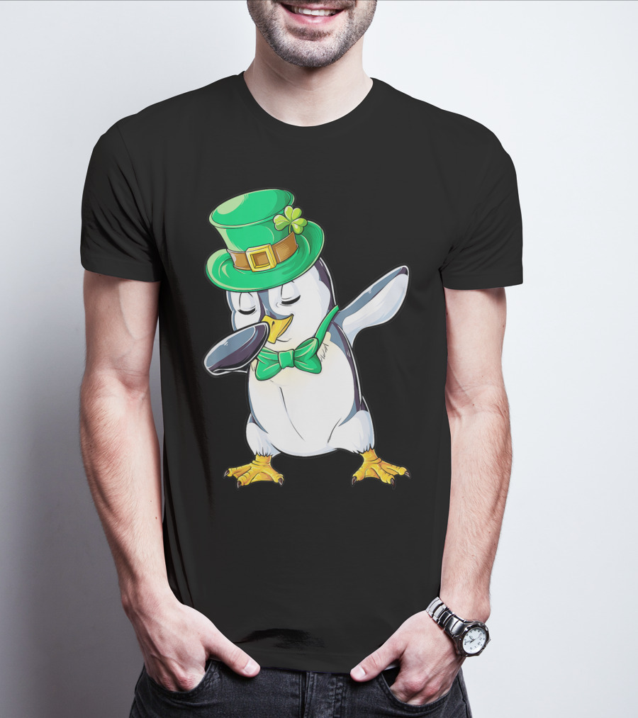 Dabbing Penguin St Patricks Day Leprechaun Hat And Bow Tie T-Shirt
