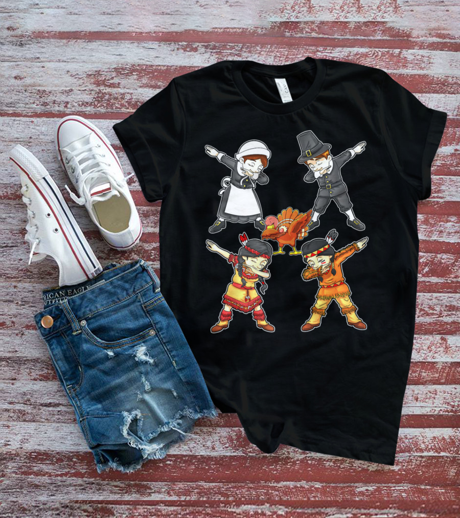 Dabbing Pilgrim And Native American Characters With Turkey T-Shirt