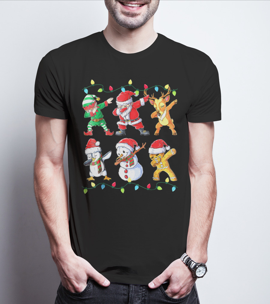 Santa Elf Reindeer Snowman Penguin Gingerbread Dabbing Friends T-Shirt