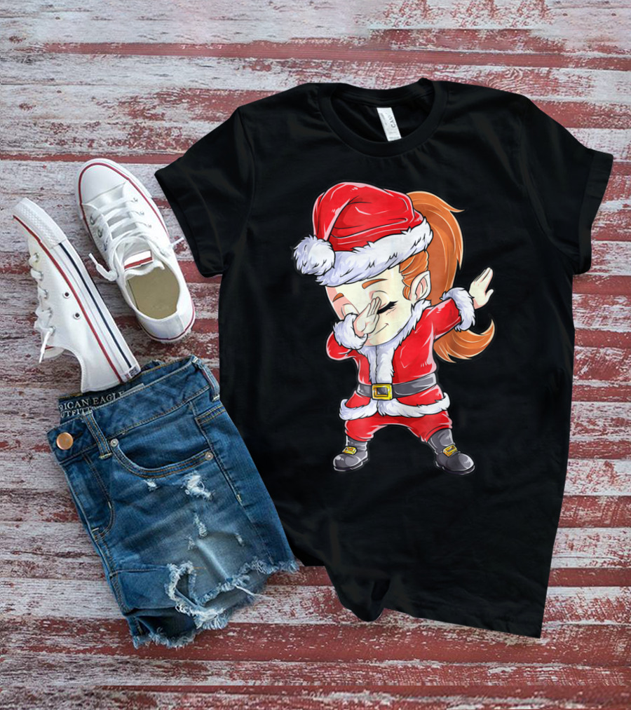 Dabbing Santa Christmas Girls Red Suit White Fur Black Boots T-Shirt
